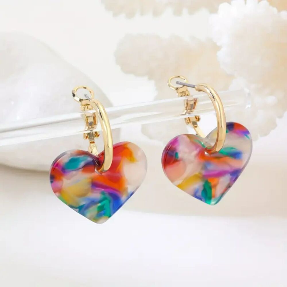 "Lyric" Heart Shaped Multi-colored Dangle Free Spirited Acrylic Earrings
